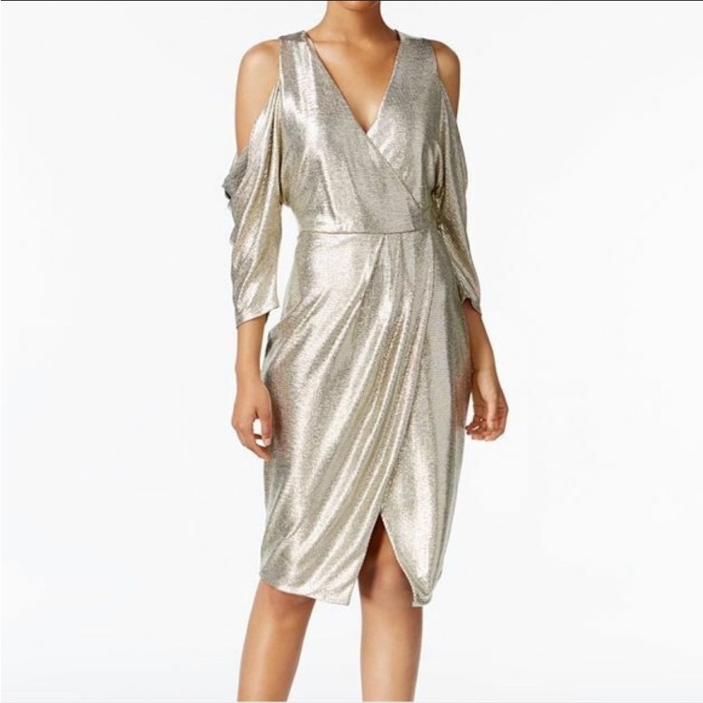 RACHEL Rachel Roy Metallic Faux Wrap Dress w/Cold Shoulder, Size M NYE Holiday